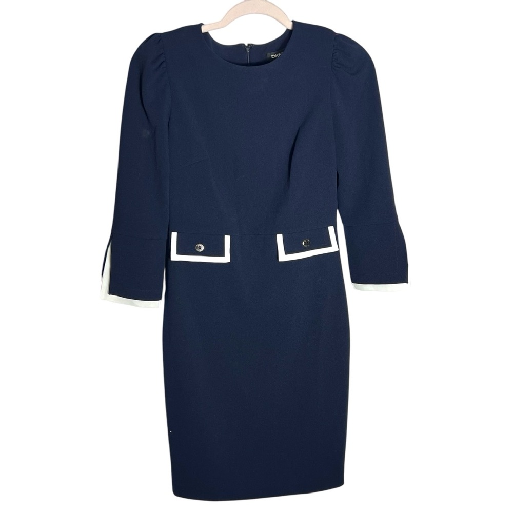 DKNY Women's Elbow Length Split Cuff Sheath Dress Navy Blue, US 2